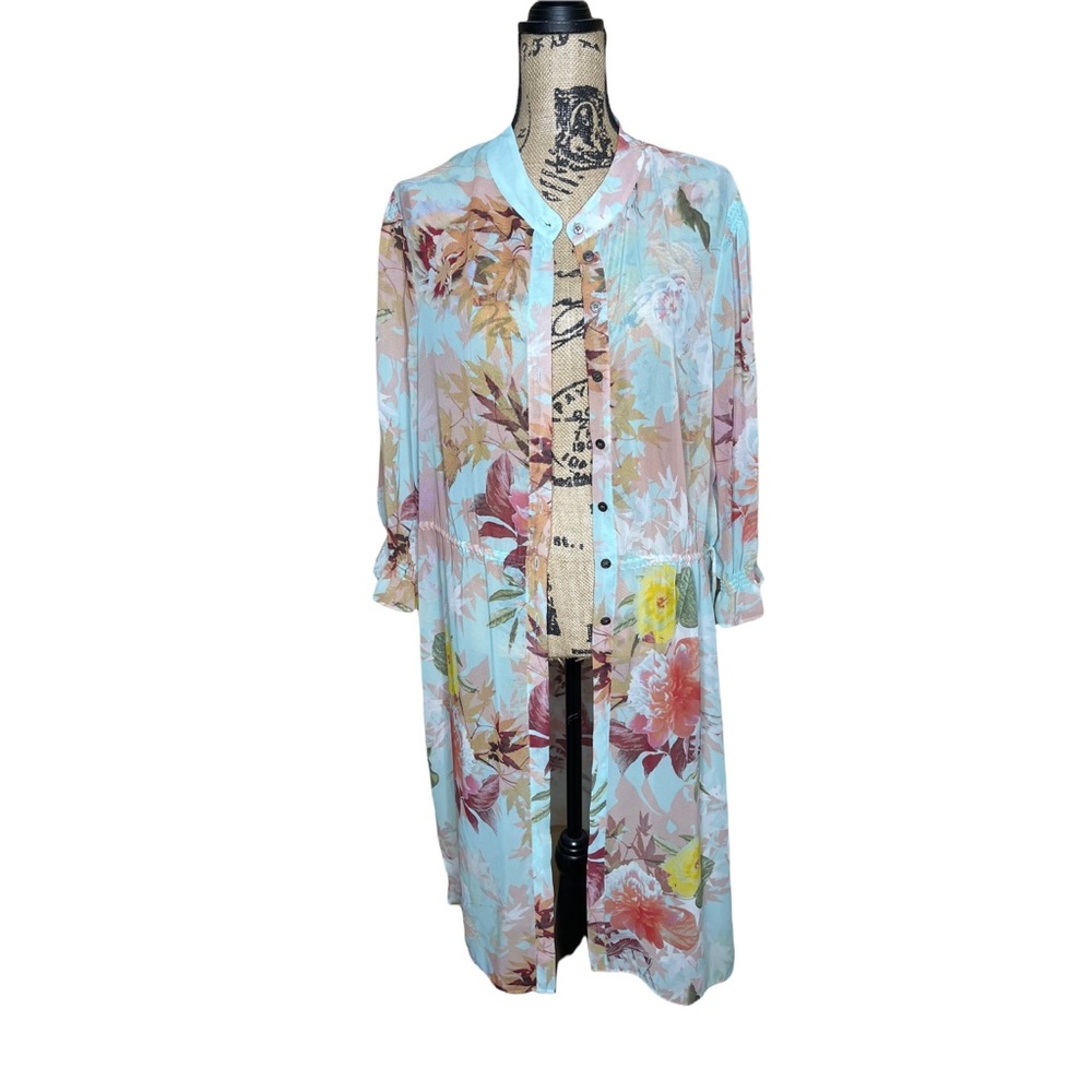 Vince Camuto Faded Blooms Side Slit Chiffon Tunic Size XL Floral Sheer A…